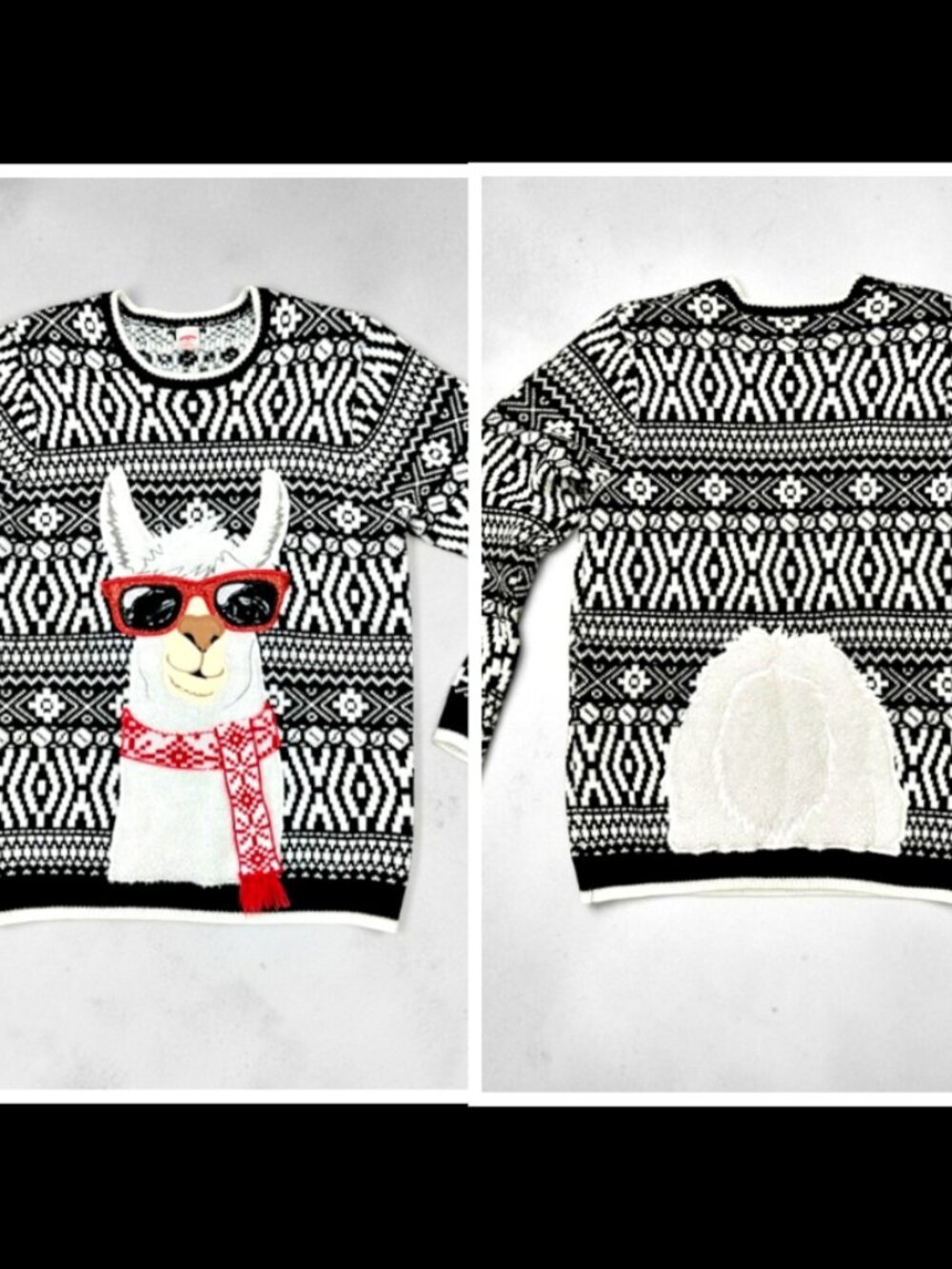 Holiday Time Mens L Ugly Christmas Sweater Llama Sunglasses Scarf Black White